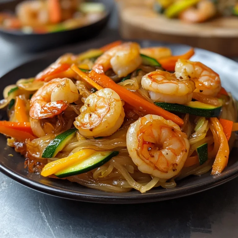 Spaghetti di soia con verdure e gamberi